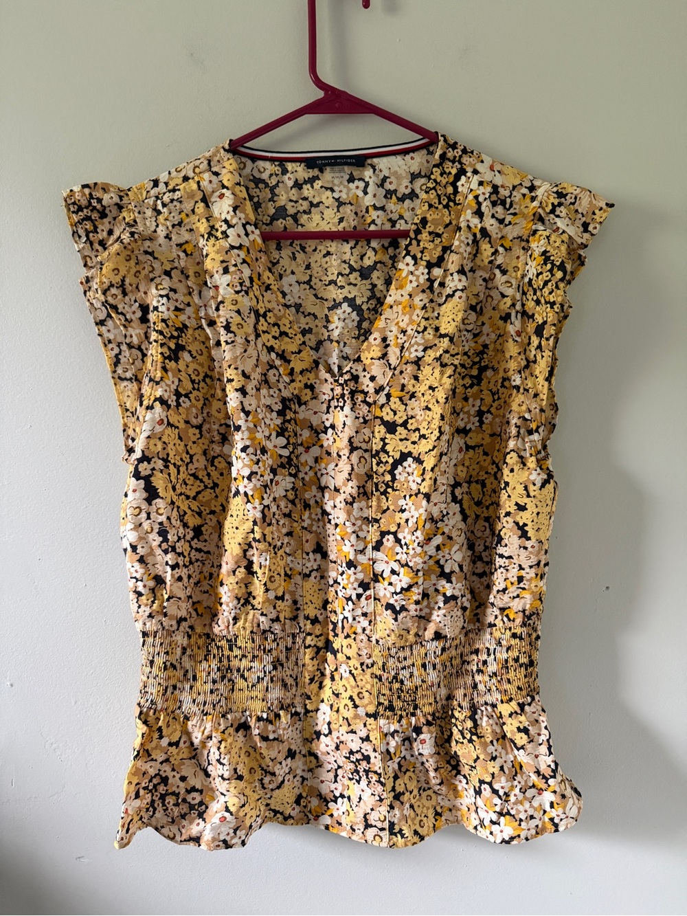 Tommy Hilfiger Yellow Floral V-Neck Smocked Peplum Top